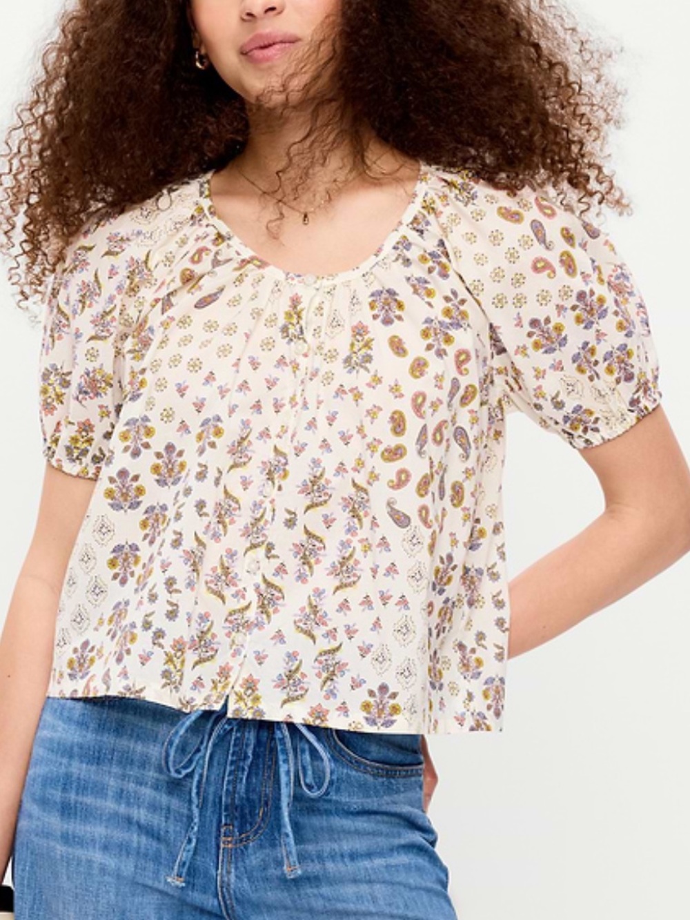 Old Navy Women’s Cream Floral Puff-Sleeve Peasant Top